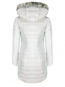 Дълго дамско яке със сваляема качулка с пух "Елви" - бяло