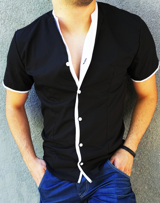Модерна черна риза с къс ръкав, без яка
