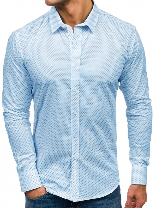 Мъжка риза с десен на фини точки - светло синя