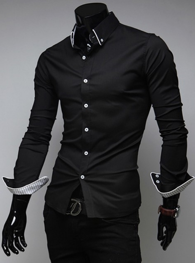 Мъжка черна риза с бели ревери