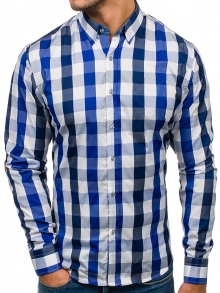 Карирана мъжка риза с дълъг ръкав и елегантна визия - синя